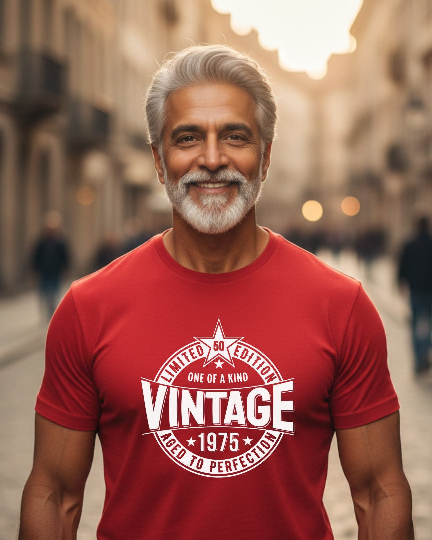 Man wearing a red t-shirt with 'Vintage 1975' design on a street background