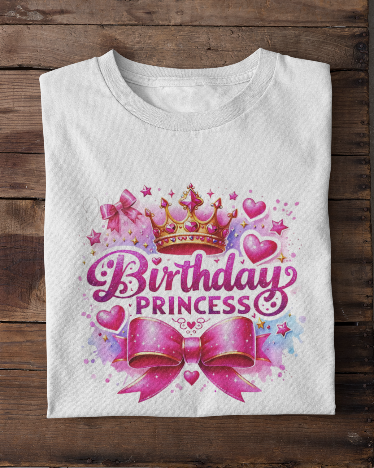 White t-shirt with 'Birthday Princess' design on a wooden surface with white sneakers.