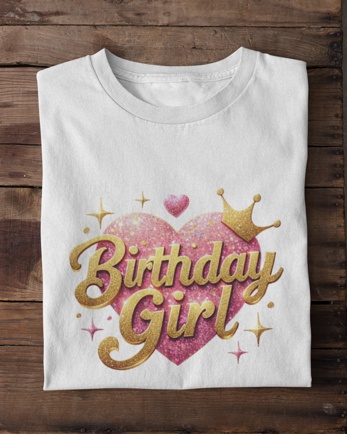 White t-shirt with 'Birthday Girl' design on a wooden surface