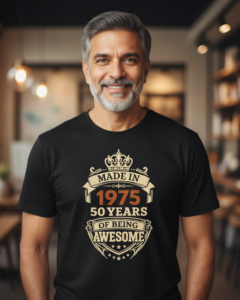 Man wearing a black t-shirt with 'Made in 1975, 50 years of being awesome' design in a cozy indoor setting.
