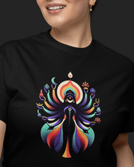 Person wearing a black t-shirt with a colorful graphic design on a dark background
