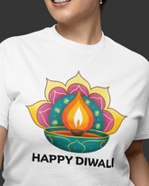Person wearing a white t-shirt with a Diwali design and 'Happy Diwali' text.