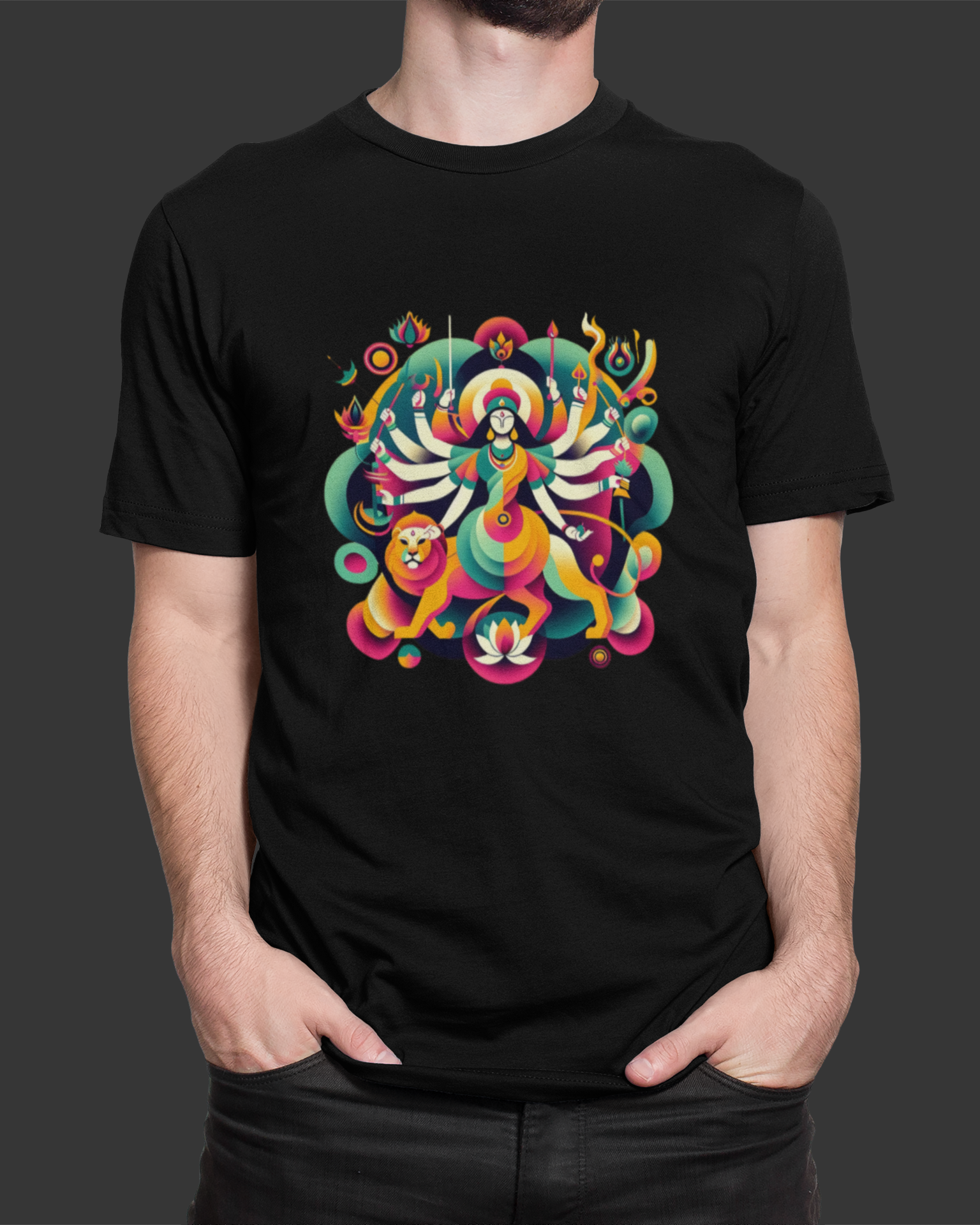 Black t-shirt with a colorful graphic design on a dark background