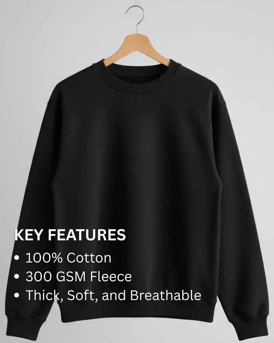 Black sweatshirt on a hanger with key features text overlay