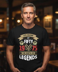 Man wearing a black t-shirt with a celebratory design in a bar setting