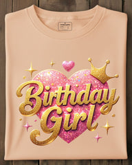 Pink t-shirt with 'Birthday Girl' text on a wooden background