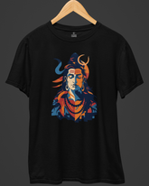 Black t-shirt with colorful graphic design on a dark background