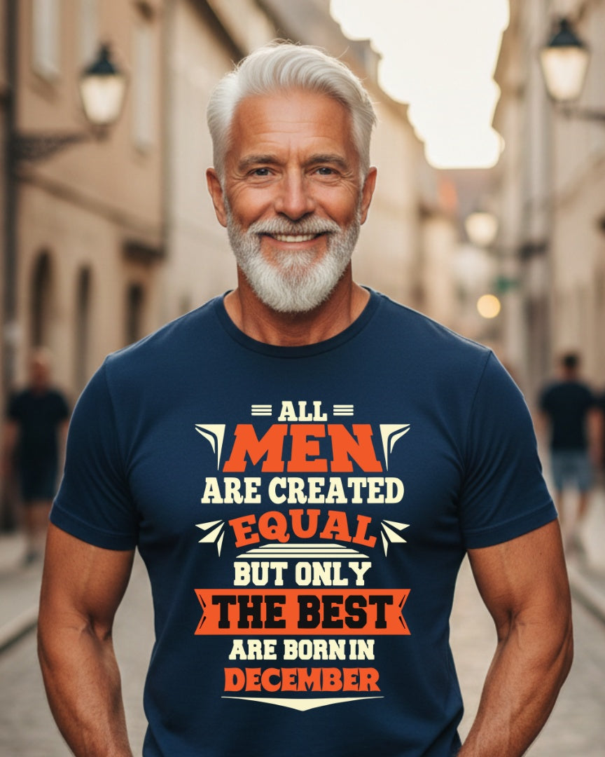 Man wearing a navy blue t-shirt with a humorous message on a city street background