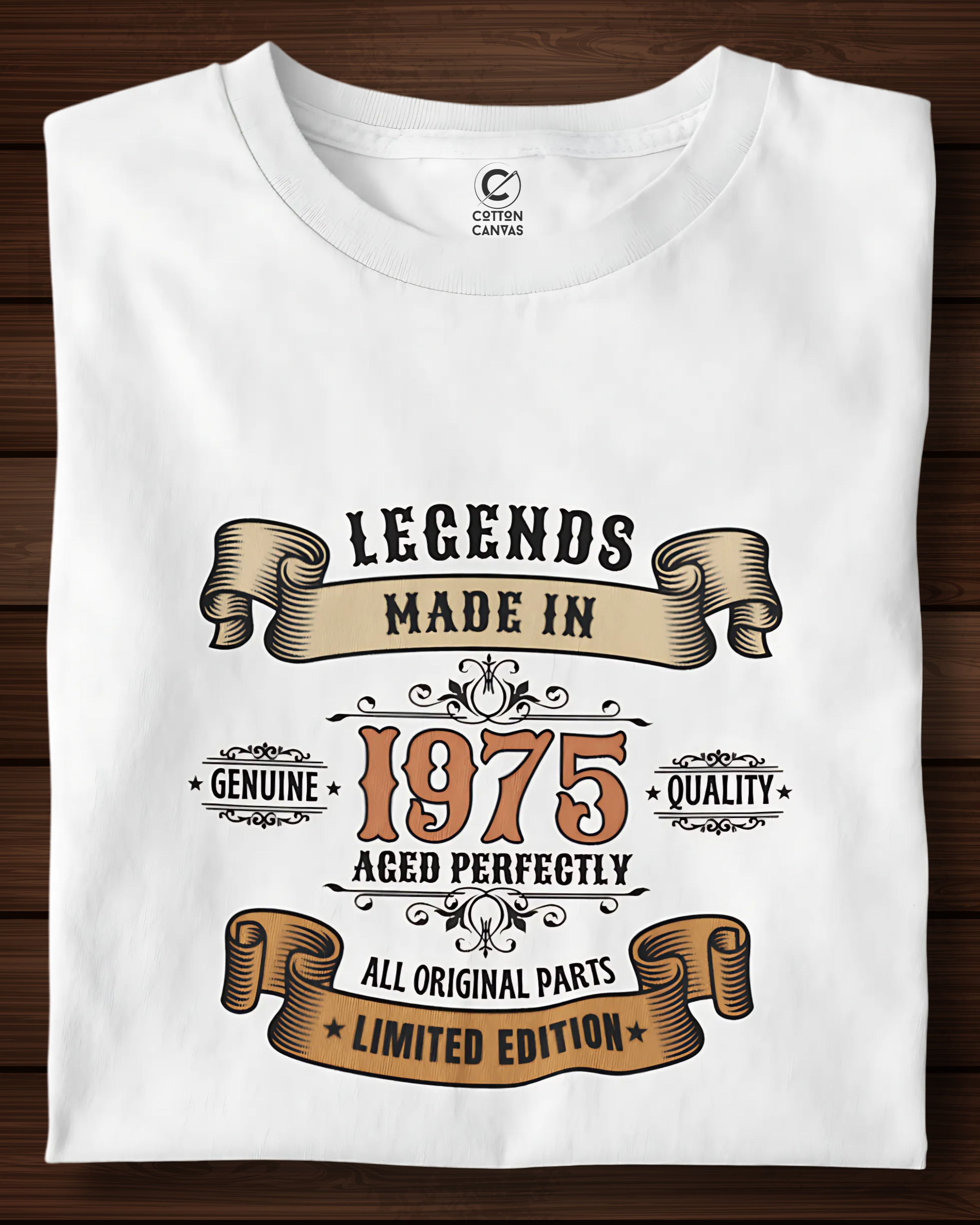 White t-shirt with vintage-style text design on a wooden surface
