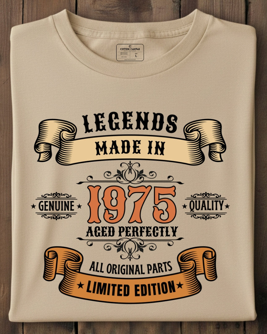 Beige t-shirt with vintage-style text design on a wooden background