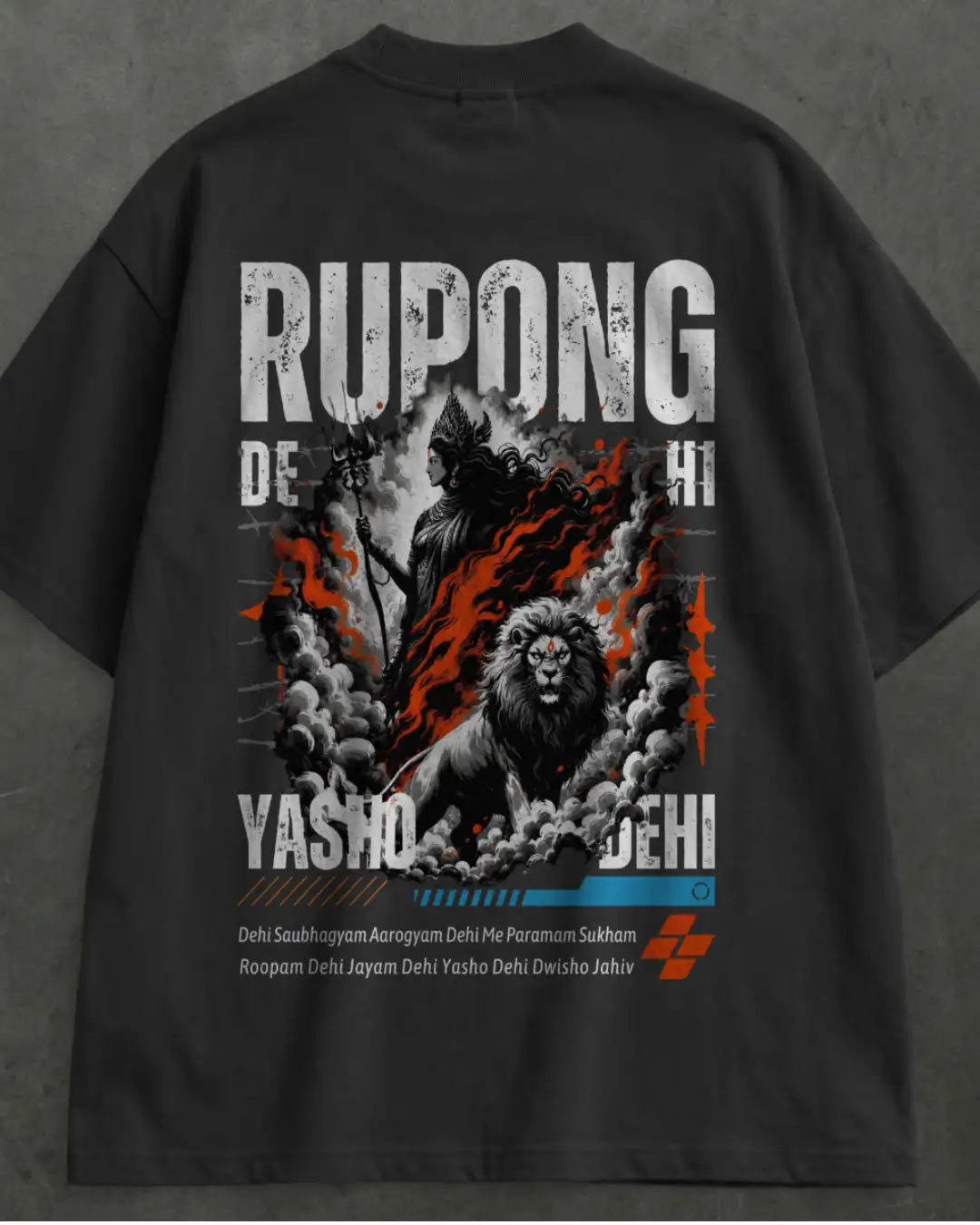 A black short-sleeve t-shirt shown from the back, featuring a large graphic print with the word 'RUPONG' in distressed white letters, a lion, smoke, flames, and blue accents on a dark gray textured background.