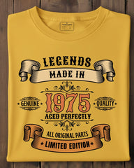 Yellow t-shirt with text design on a wooden surface