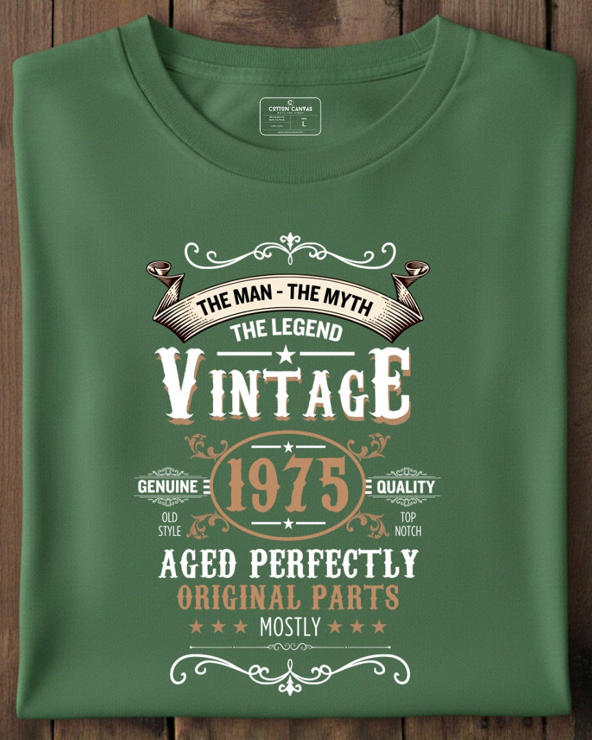 Green t-shirt with vintage design text on a wooden background