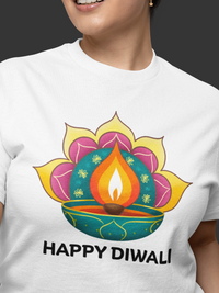 Person wearing a white t-shirt with a Diwali design and 'Happy Diwali' text.