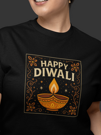 Person wearing a black t-shirt with 'Happy Diwali' design featuring a lamp and flowers.