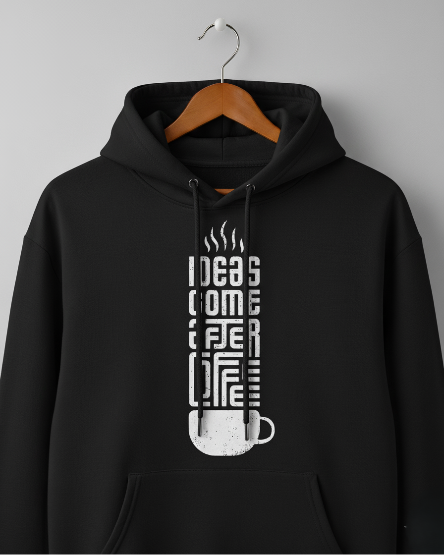 Black hoodie with white graphic design on a gray background