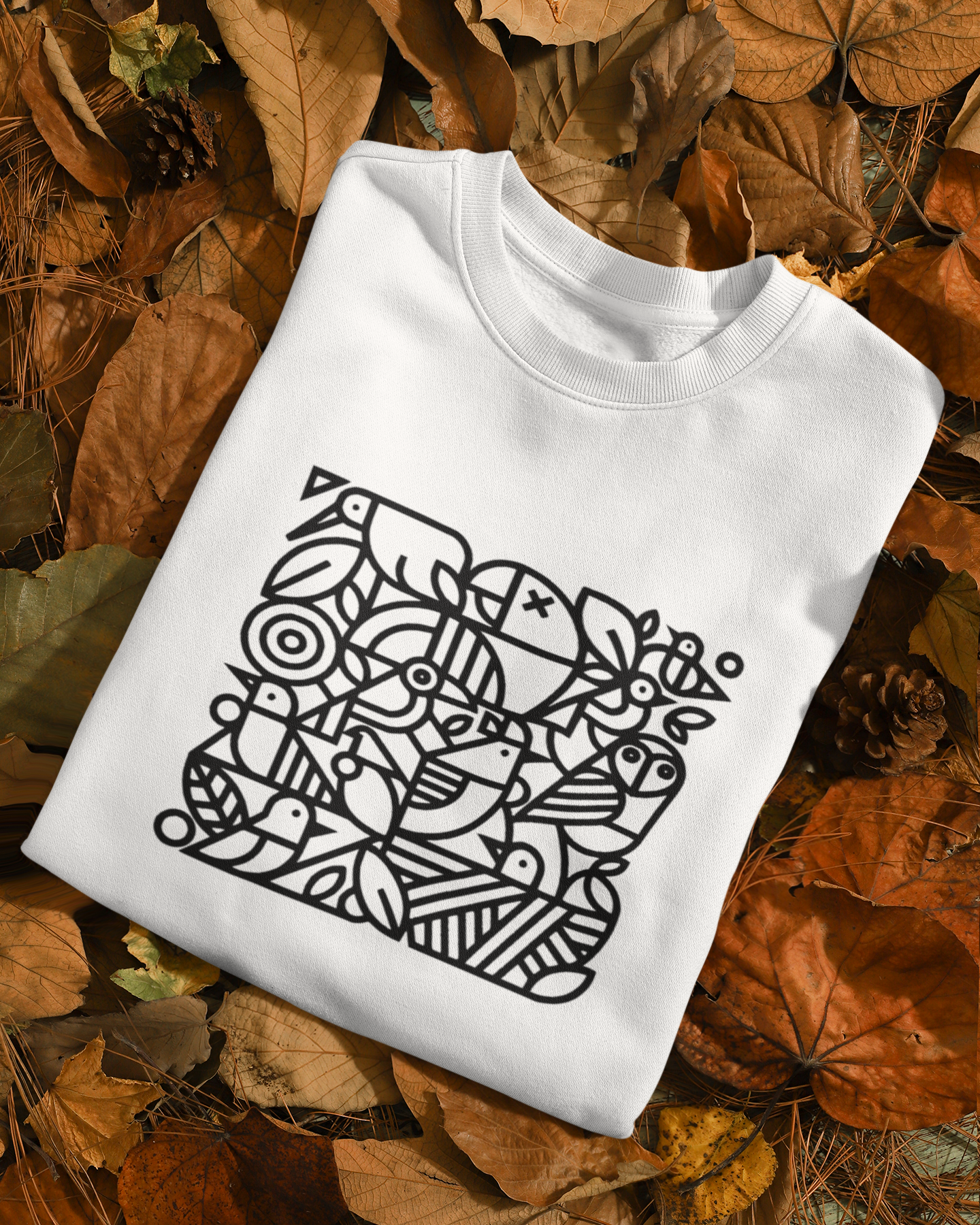 White sweatshirt with black geometric design on a bed of autumn leaves
