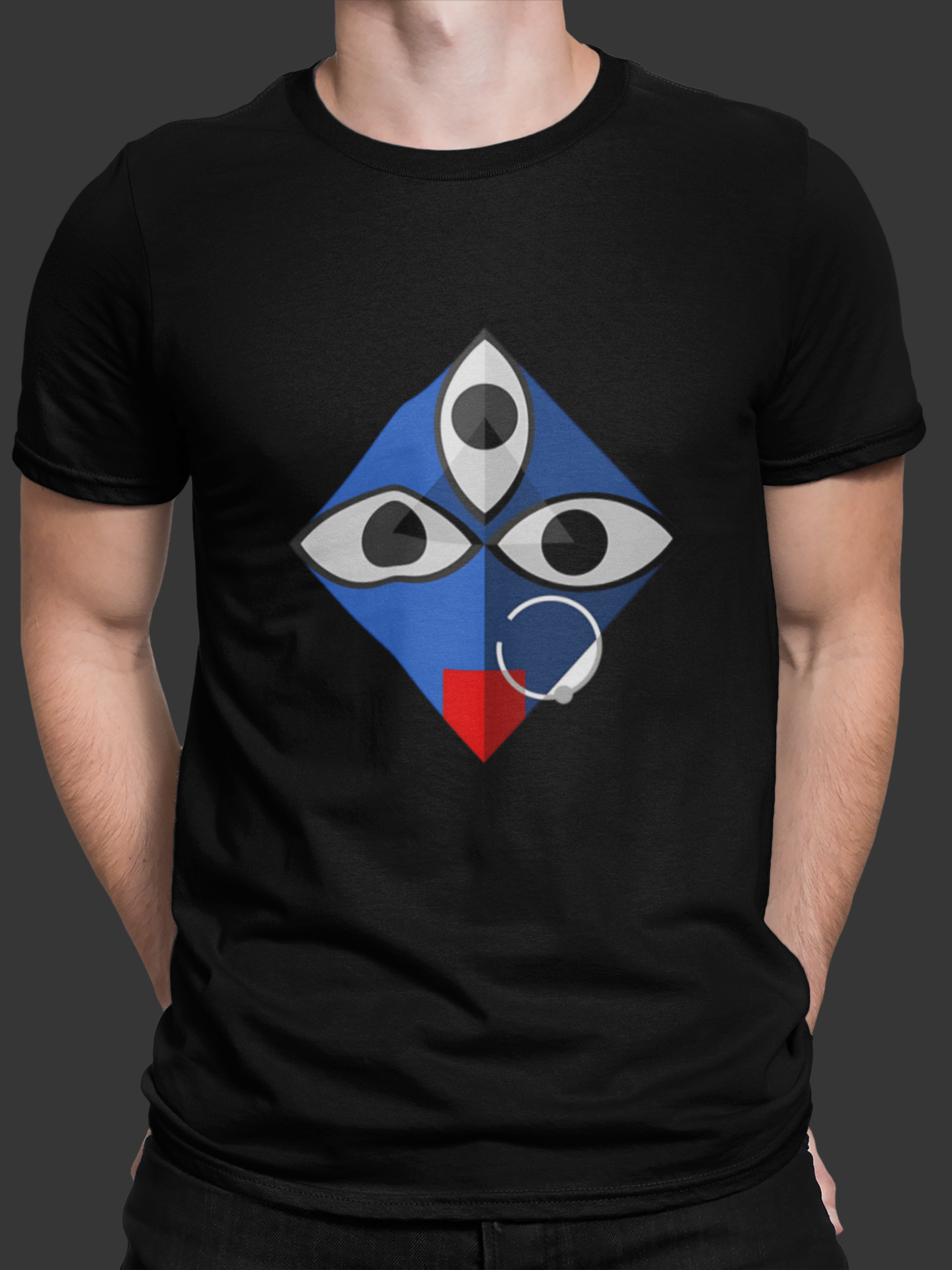 Black t-shirt with a geometric design featuring eyes and a mouth on a dark background