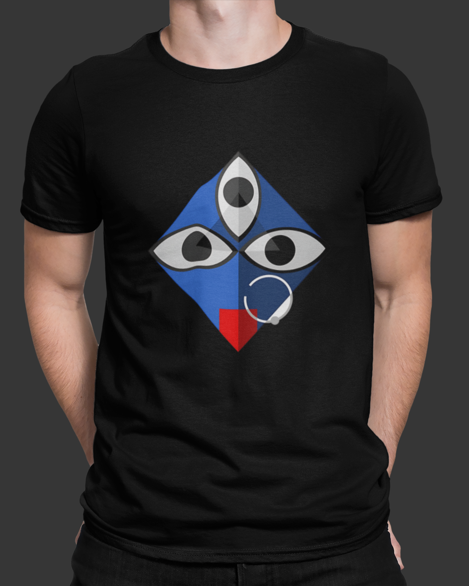 Black t-shirt with a geometric design featuring eyes and a mouth on a dark background