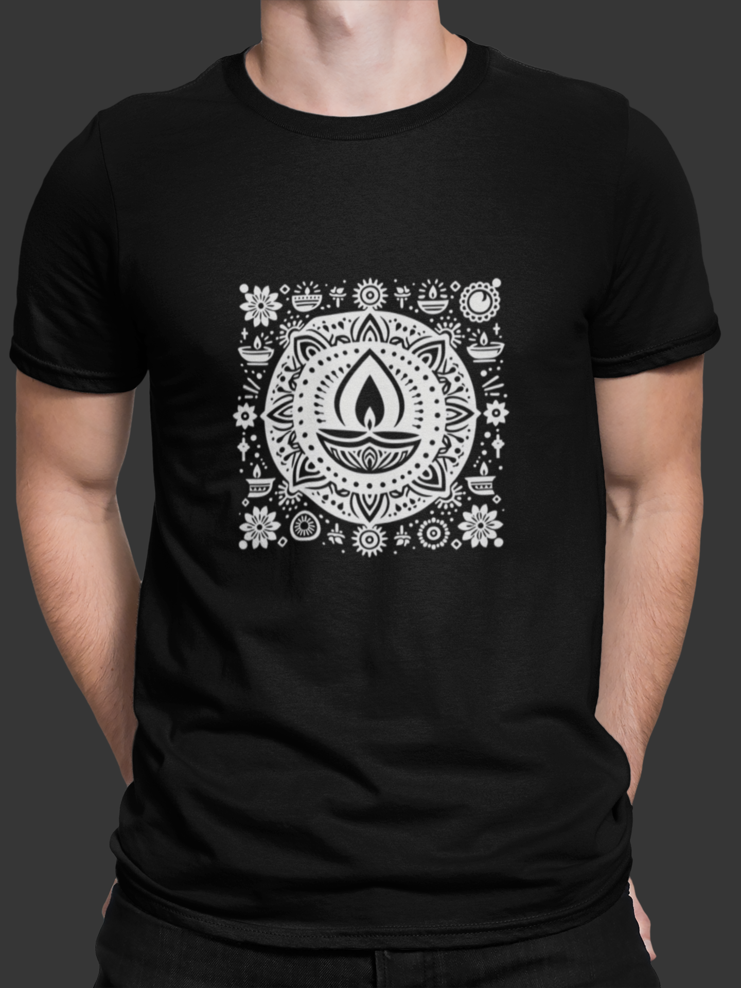 Black t-shirt with white circular design featuring a flame-like symbol on a dark background