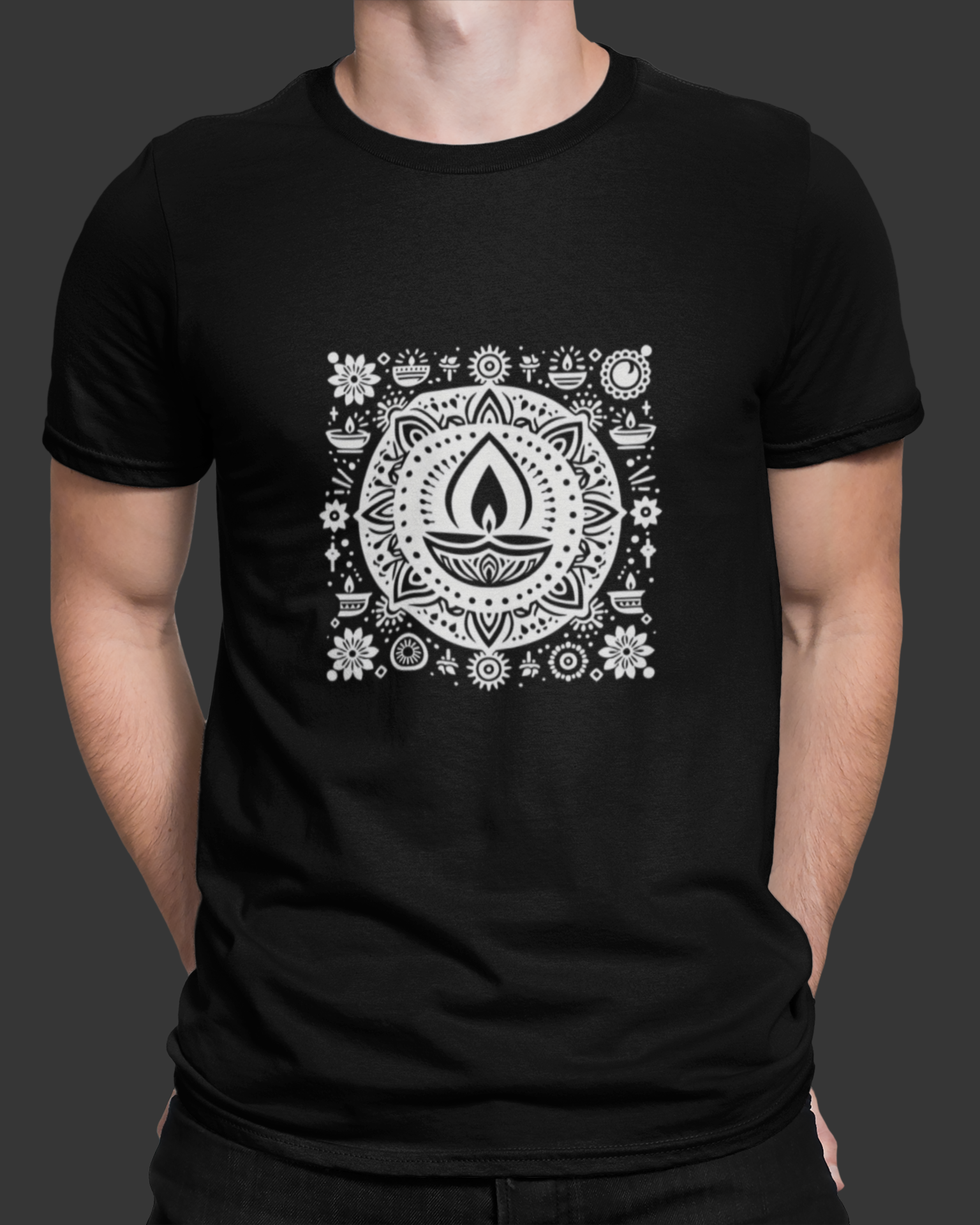 Black t-shirt with white circular design featuring a flame-like symbol on a dark background