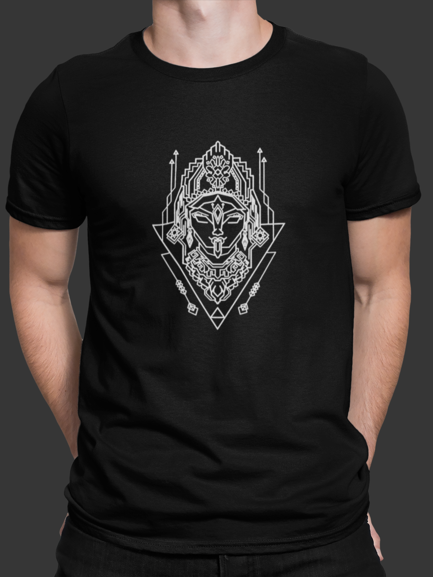 Black t-shirt with white geometric design on a dark background