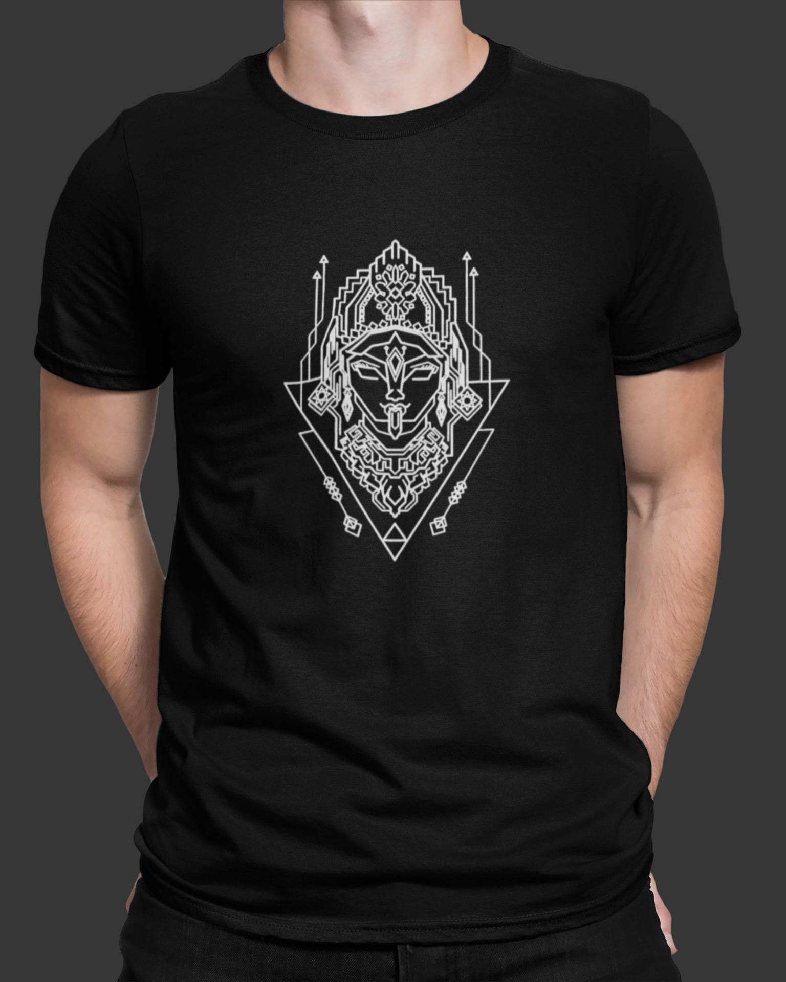 Black t-shirt with white geometric design on a dark background