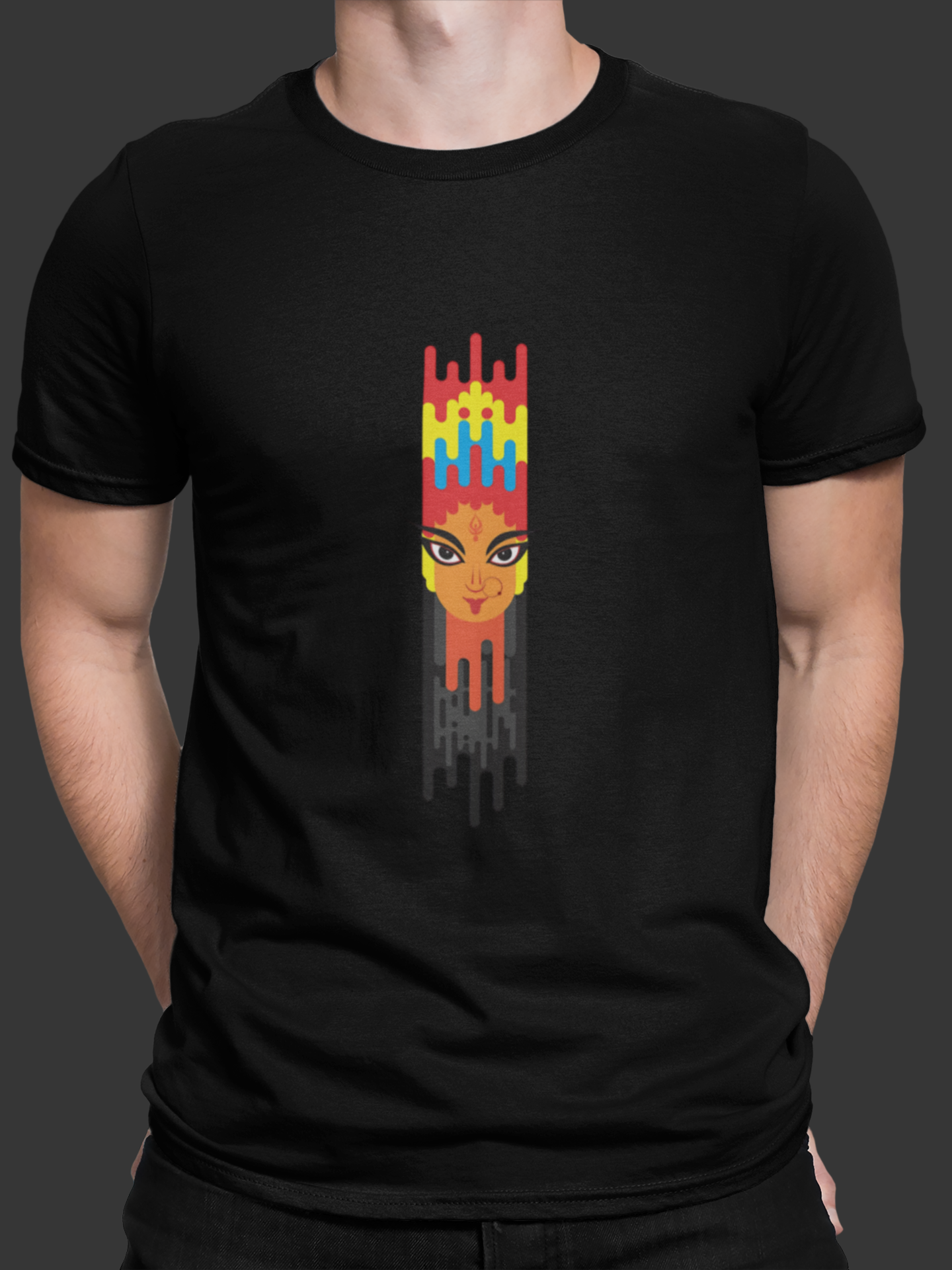 Black t-shirt with colorful graphic design on a dark background