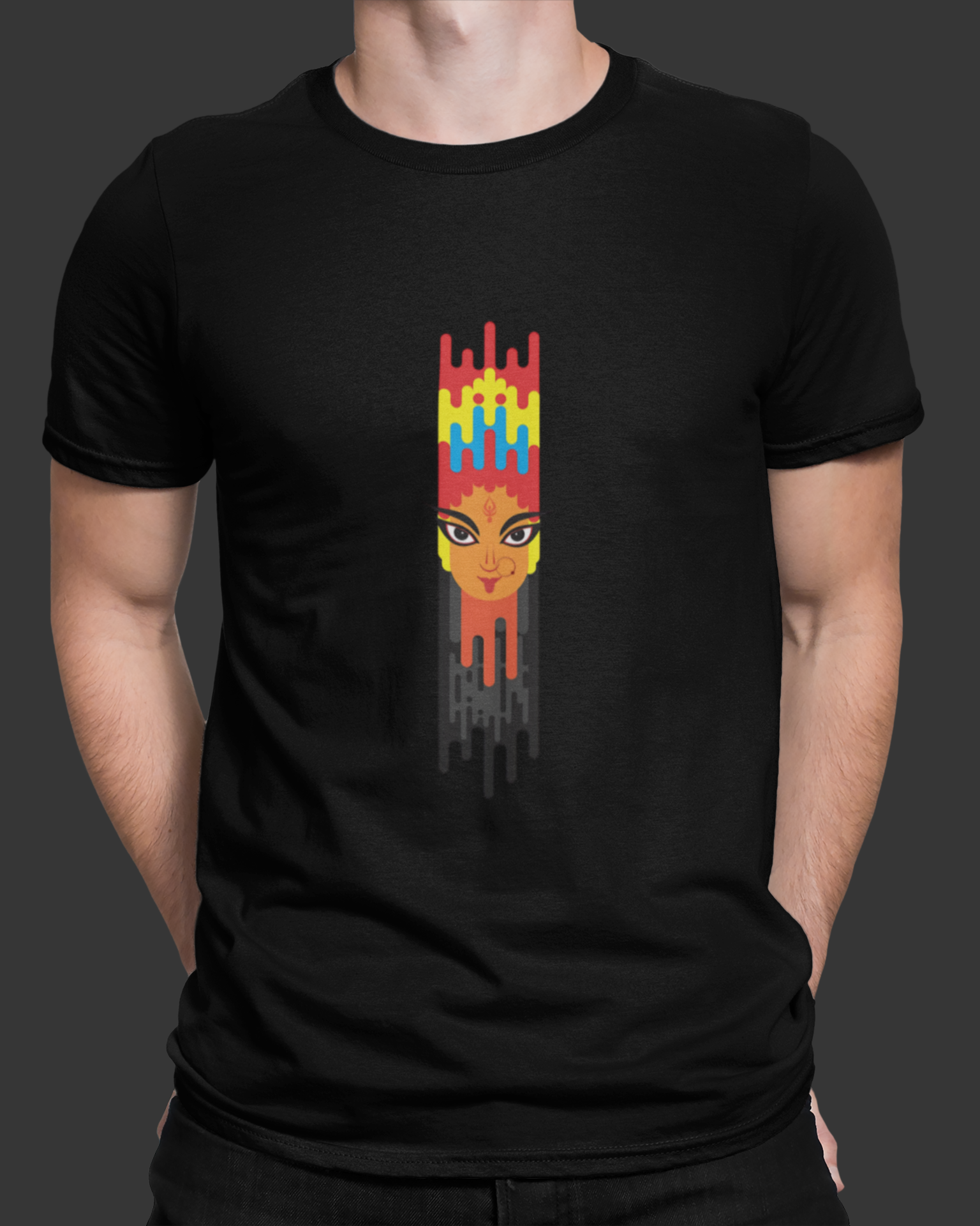 Black t-shirt with colorful graphic design on a dark background