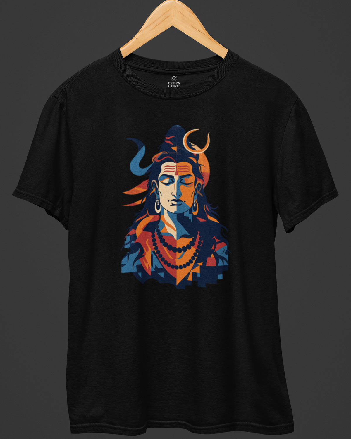 Black t-shirt with colorful graphic design on a dark background