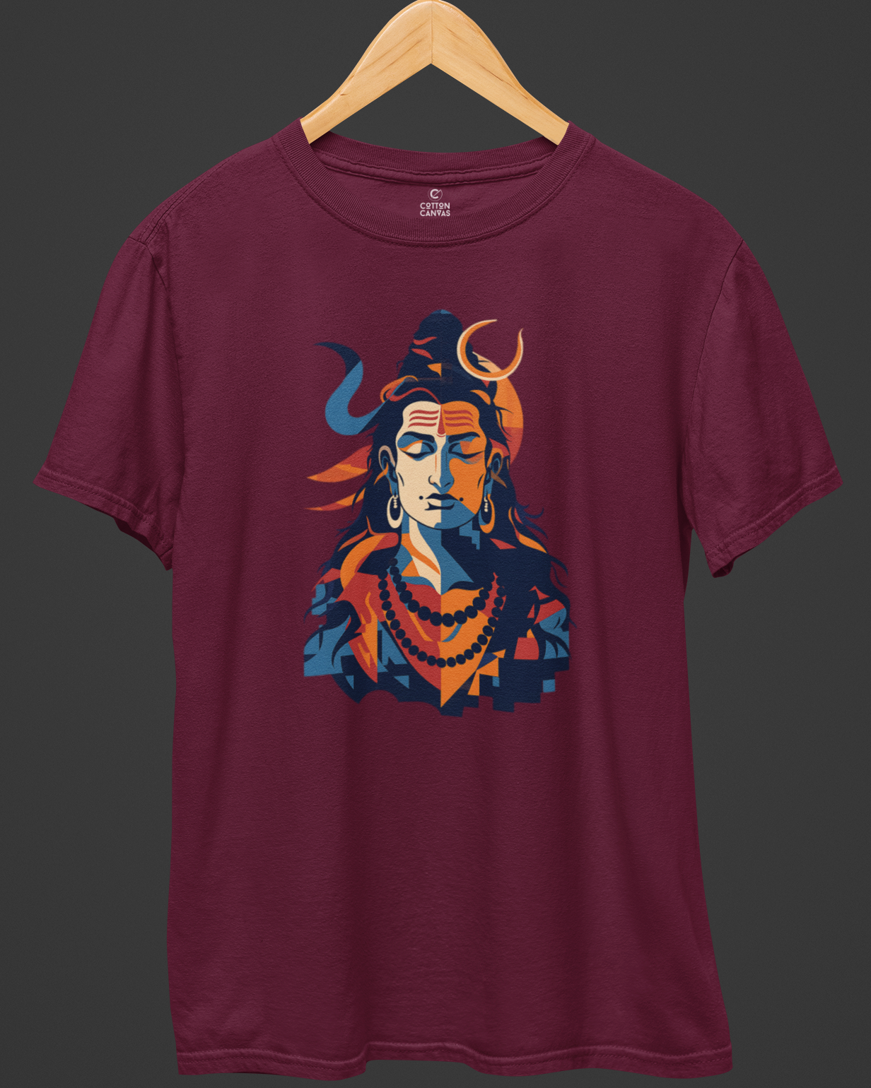 Maroon t-shirt with a colorful graphic on a dark gray background