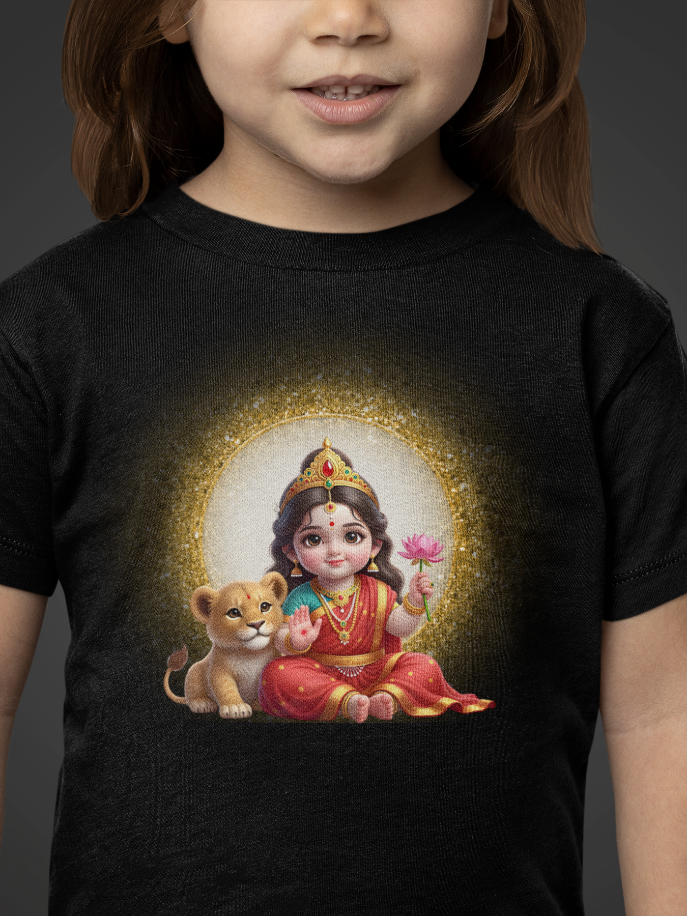 Child wearing a black t-shirt with a colorful graphic of a seated figure holding a flower and a lion cub.
