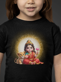 Child wearing a black t-shirt with a colorful graphic of a seated figure holding a flower and a lion cub.